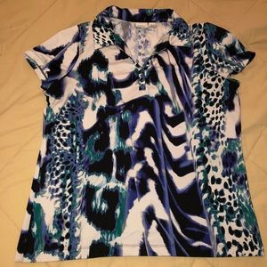 Blue and white pattered Zenergy polo blouse